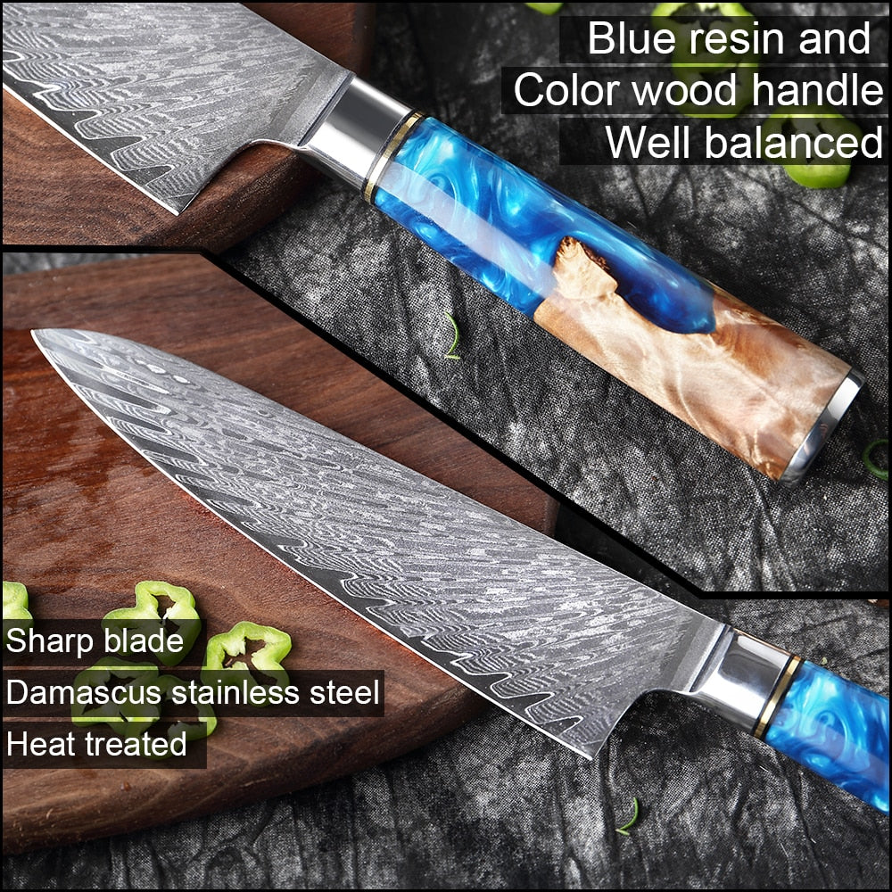 XITUO Damascus Steel Japanese VG10 Chef Knife Paring Fruit Vegetable Kitchen knife Blue Resin Color Wood Handle Cooking Tool