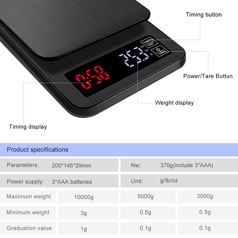 yieryi LCD Digital Electronic Drip Coffee Scale with Timer 3kg 5kg 0.1g Digital coffee weight Household Drip Scale Timer